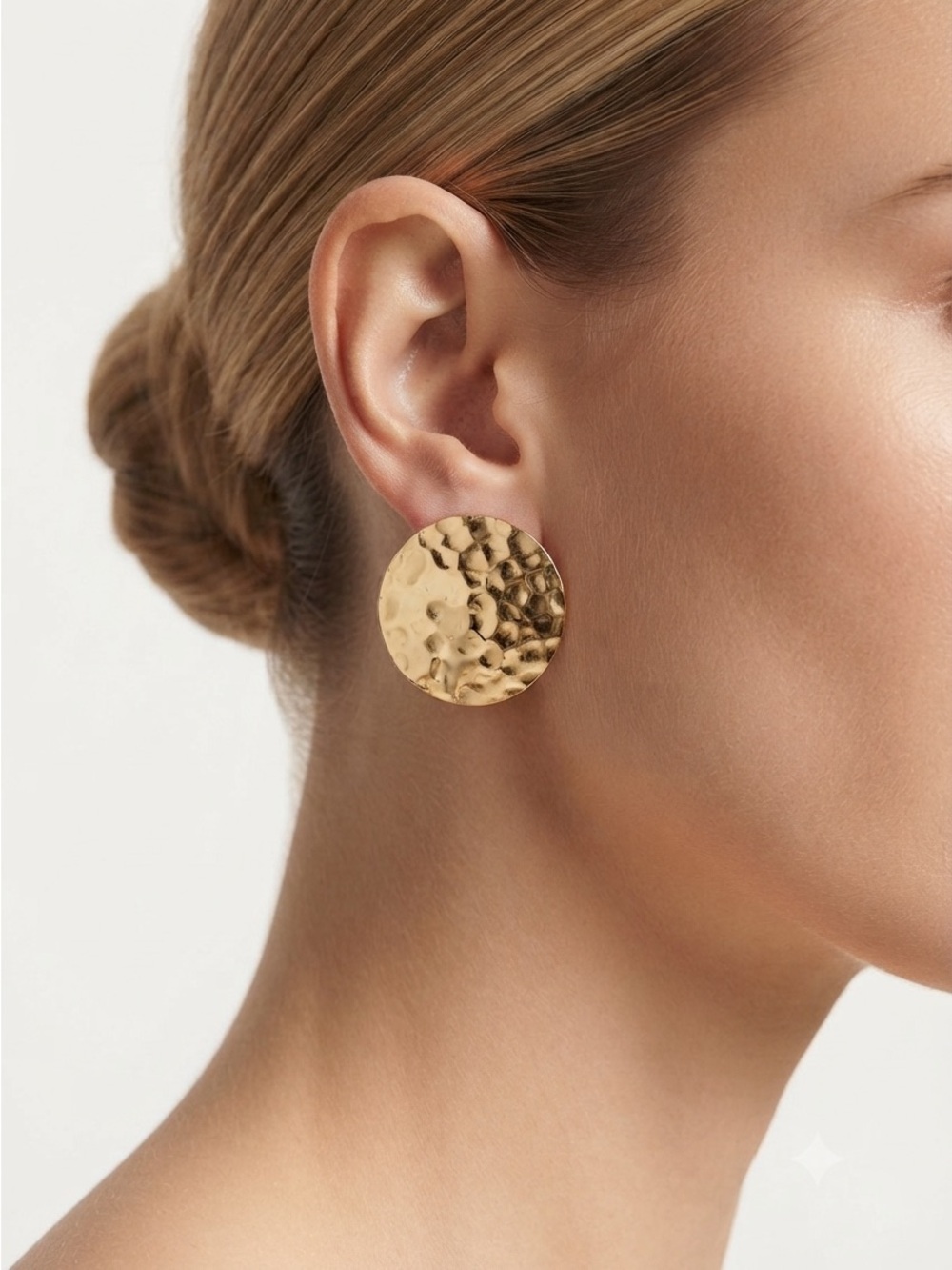 Vintage Gold Tone Hammered Button Earrings | 80s Domed Disc Statement Earrings